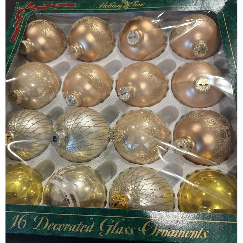 Vintage Gold Glittery Glass Ball‎ Christmas Ornaments Variety Set Of 16 USA